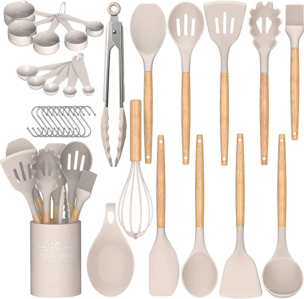 Kitchen Cooking Utensils Set, 33 pcs Non-Stick Silicone Cooking Kitchen Utensils Spatula Set with Holder, Wooden Handle Silicone Kitchen Gadgets Utensil Set (Khaki)
