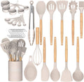 Kitchen Cooking Utensils Set, 33 pcs Non-Stick Silicone Cooking Kitchen Utensils Spatula Set with Holder, Wooden Handle Silicone Kitchen Gadgets Utensil Set (Khaki)