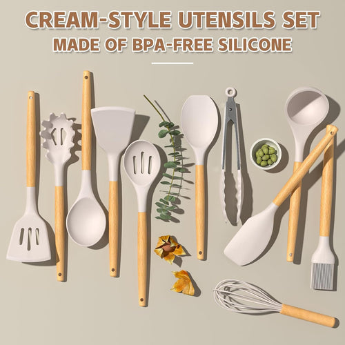 Kitchen Cooking Utensils Set, 33 pcs Non-Stick Silicone Cooking Kitchen Utensils Spatula Set with Holder, Wooden Handle Silicone Kitchen Gadgets Utensil Set (Khaki)